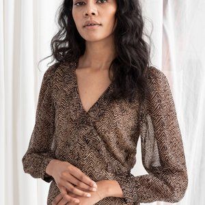 Other Stories Sheer Coffee Bean Print Wrap Blouse
